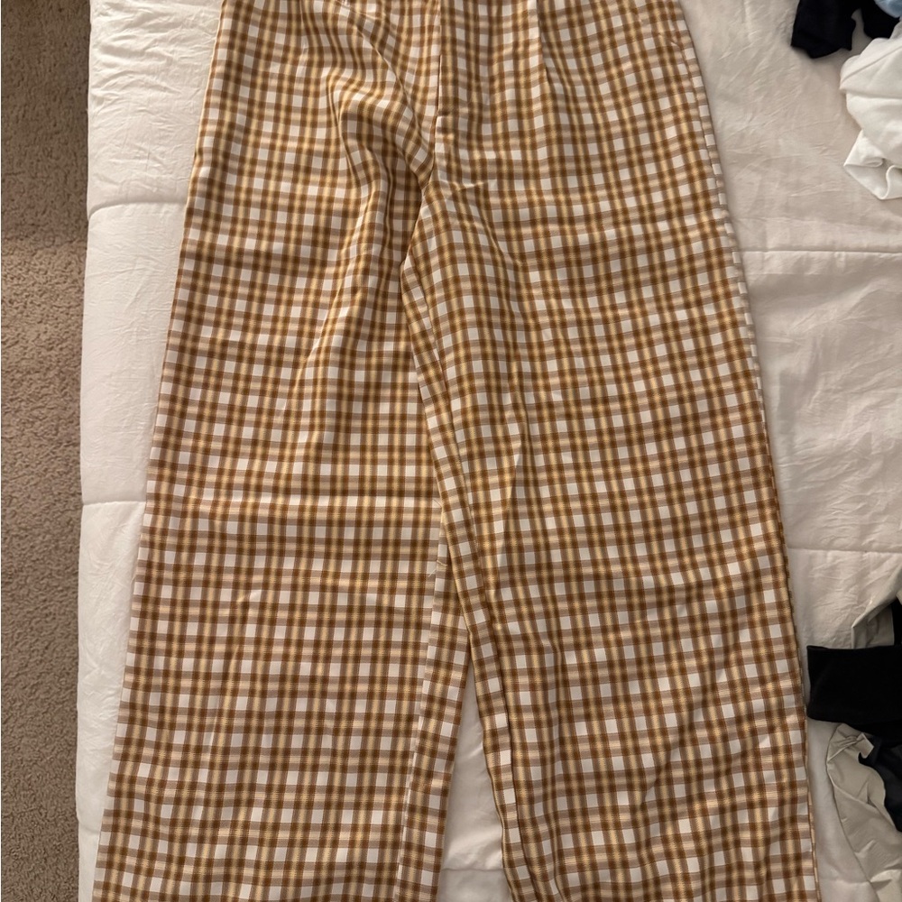 Brown and White Plaid High-Waisted Pants